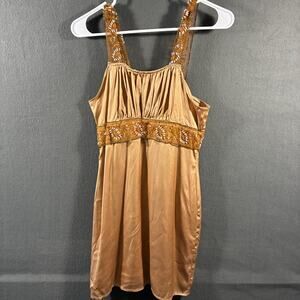 y2k women babydoll dress small brown forest fairy beaded milkmaid satin boho